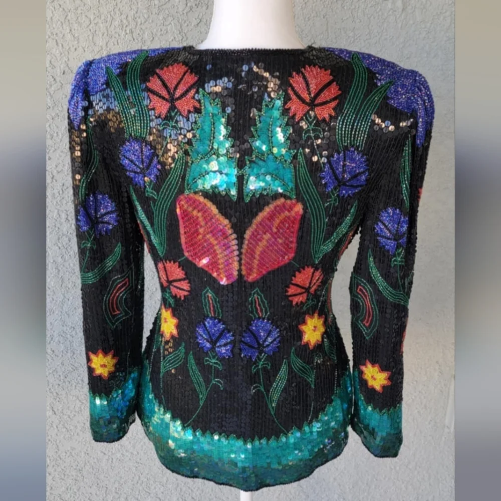 Scala Vintage Colorful Beaded  Floral Silk Statement  Jacket - Picture 9 of 10